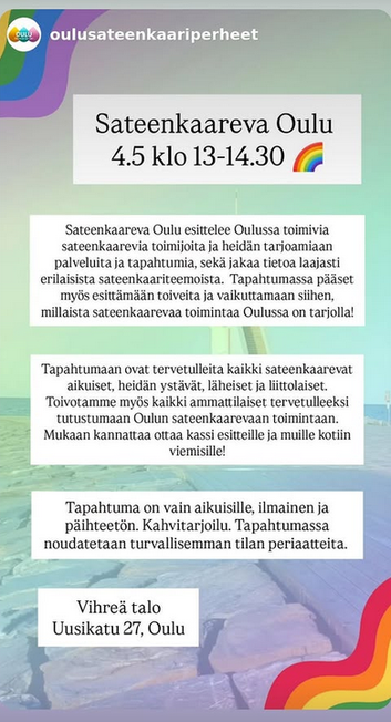 Sateenkaareva Oulu 4.5. klo 13-14.30