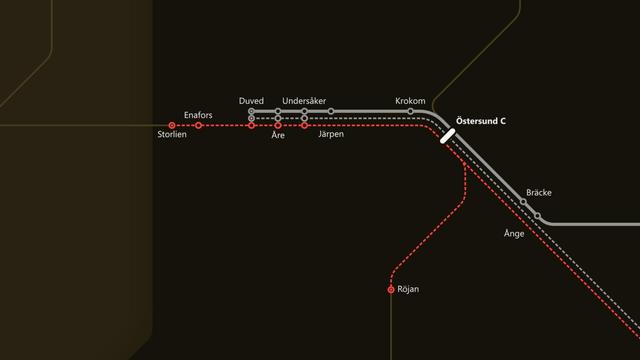 A part of the night train diagram showing the trains to Östersund and Duved, black background, lines in light grey and red