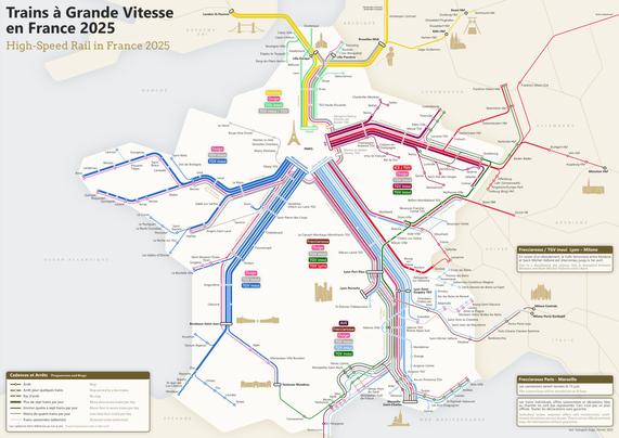 Diagram of the high-speed trains in France, customised structure with five rays that originate in Paris and distort the ocotlinear structure in their sectors, blue, dark red, pink are the dominating line colours, the main attractions of the big cities appear on the diagram