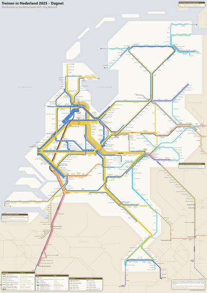 Diagram of the Netherlands, octolinear structure apart from the HSL-Zuid, yellow and blue are the dominant line colours