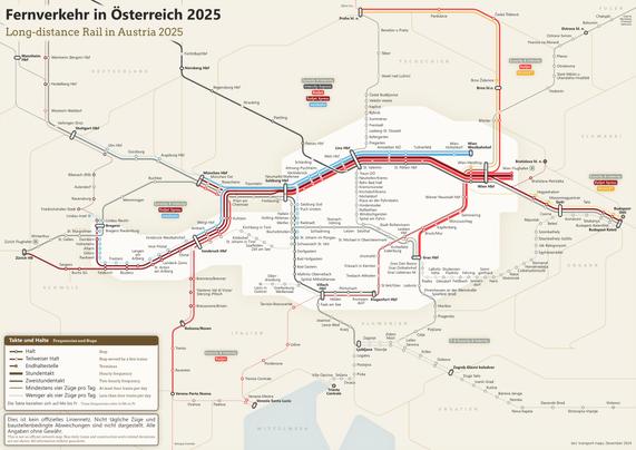 Diagram of the long-distance trains in Austria, customised octolinear structure with flatter diagonal axes, red and grey are the dominant line colours, many terminus of international lines are included in the map (such as Zurich, Venice, Budapest, Prague)