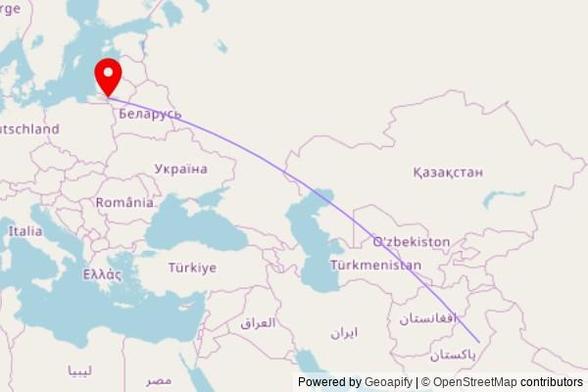 A map showing the great circle route from Tandlianwala in Pakistan to a map pin at Kudirkos Naumiesčio Penkių Maskvos šventųjų kapinių koplyčia, J. Bagdono g., 71315 Kudirkos Naumiestis, Lithuania