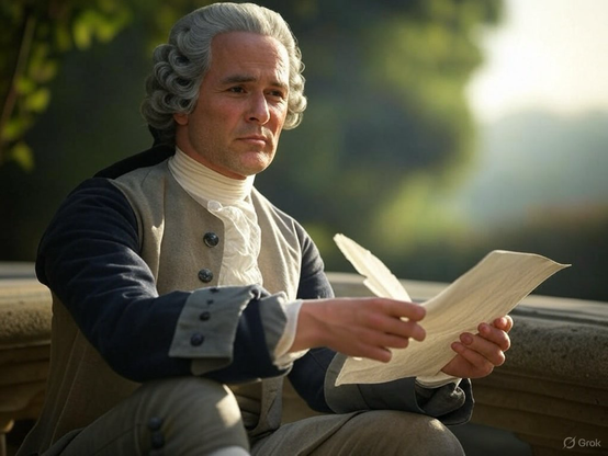 A hyper realistic photo of Rousseau on a balcony writing notes with a quill