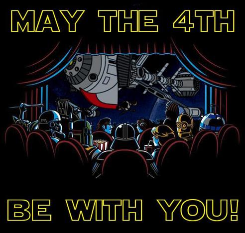 Meme-Text: "May the 4th be with you!"
Bild: Zu erkennen ist ein Kino. Der Blick geht auf die Leinwand, wo gerade die COMET im Anflug zu sehen ist, im Vordergrund erkennen wir die Protagonisten aus "Star Wars", teilweise mit Popcorn in der Hand: Darth Vader, Boba Fett, Luke Skywalker, C3PO, R2D2 und noch viele andere...