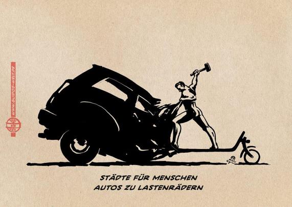Illustration in Art einer Adaption des Schwerter zu Pflugscharen-Symboles, also eines Mannes, der ein Auto mit dem Hammer zu einem Lastenrad umschmiedet. Textzeile: Städte für Menschen, Autos zu Lastenrädern.
