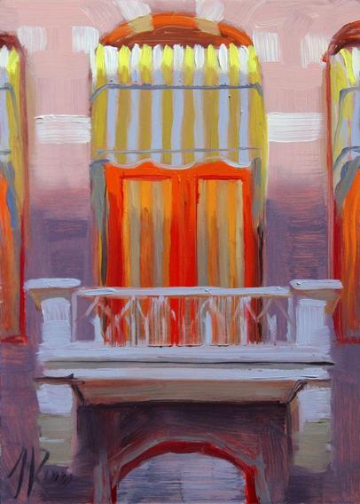 #balkon met gestreept #zonnescherm #schilderij #olieverf