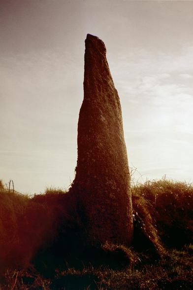 A colour photo of the menhir at Prospidnick in the parish of Sithney, Cornwall. The standing stone is on the edge of a low hedge beside a minor road and leans slightly towards the field. The photo is taken towards the sun and much of the stone is in silhouette. A red-tinged light flare is to the bottom left.