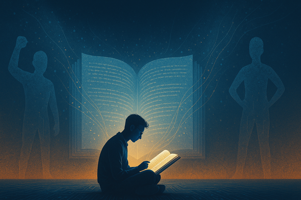 A young man reads a glowing book on a circuit-like floor, surrounded by abstract human figures and cosmic patterns, symbolizing education's power against extremism.