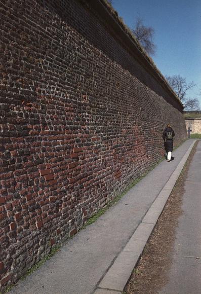 The image depicts a long, old brick wall running parallel to a paved path. The wall is made of red and dark brown bricks, with some areas showing signs of wear and moss growth. The top of the wall is covered with grass, and a few bare trees are visible in the background, suggesting a clear, sunny day. A person is walking away from the camera along the path, wearing a black coat, white pants, and a green backpack. The path is bordered by a concrete curb, and the scene is set in an outdoor environment with a clear blue sky.
