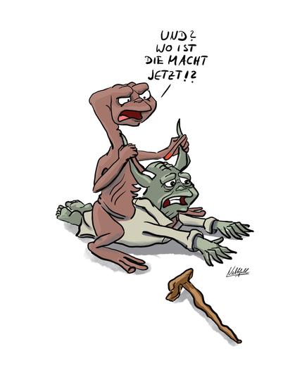 ET sitzt nach einem augenscheinlichen Kampf auf dem am Boden liegenden Yoda und zieht an seinen Ohren während er ihm zuraunt: "Und? Wo ist die Macht jetzt!?"