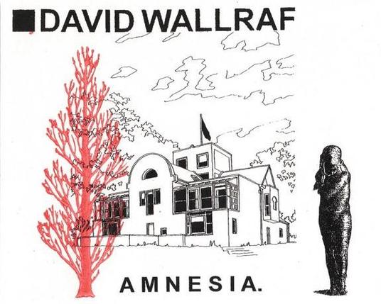 Cover of the Amnesia-CD: collage of a black and white drawing of a house from a 70s architecture text book and a 19th centurey wood carving of an Egyptian mummy. A tree shape in red is stamped in the left corner and the name David Wallraf appears on top of that.