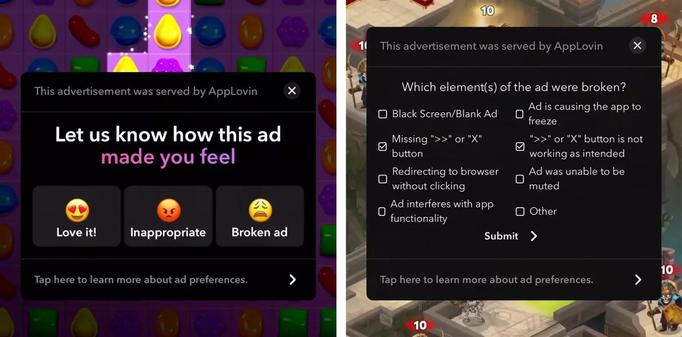 Screenshots von der Feedback-Möglichkeit in Game-Werbung. Text: Let us know how this ad made you feel. 
