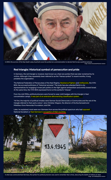 screenshot from link

First image captioned: In 2005, this survivor of the Nazi death camp Auschwitz wore the symbol at a commemoration to denote that he was a political prisoner.

second image caption: I've trimmed, it gets complicated, but it's a picture of a war memorial with a red triangle

text with some bits highlighted

The National Federation of Persecutees of the Nazi Regime, Resistance Fighters and Antifascists, the VVN-BDA, has accused politicians of "historical amnesia." The body has also attacked Berlin's city representatives for engaging in knee-jerk politics in the fight against antisemitism and enmity toward Israel. At the same time, the VVN-BDA expressed horror at the symbol's "misuse."

From the mid-1930s, political prisoners were forced to wear cloth badges with the triangle in Nazi concentration camps. It was part of an extensive dehumanizing classification system.

"At first, the majority of political inmates were German Social Democrats or Communists and the red of the triangle referred to their party colors," Jens-Christian Wagner, the director of the Buchenwald and Mittelbau-Dora Memorials Foundation, told DW.

Later, he explained, most were non-Germans from across the political spectrum who had opposed National Socialism or Nazi Germany's occupation of their countries.

underlined: occupation of their countries.



