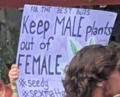 Close up of the first placard. It reads: 
For the best buds, keep male plants out of female crops. The word "crops" is obscured by someone's head. 
Below that I've written two hashtags, #seedy and #sexmatters