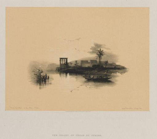 Egypt and Nubia, Volume II: Island of Philae, on the Nile, Nubia
by Louis Haghe.

"Egypt and Nubia, Volume II: Island of Philae, on the Nile, Nubia, 1847. Louis Haghe (British, 1806–1885), F. G. Moon, 20 Threadneedle Street, London, after David Roberts (Scottish, 1796–1864). Color lithograph; sheet: 40.8 x 43.6 cm (16 1/16 x 17 3/16 in.); image: 25.2 x 35.2 cm (9 15/16 x 13 7/8 in.). The Cleveland Museum of Art, Bequest of John Bonebrake 2012.244" - from the Internet Archive