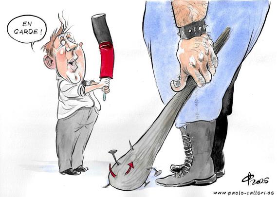 Karikatur. Lars Klingbeil steht mit einem schwarzroten Softschläger vor einer riesigen Person und spricht sie an: "En garde!" Die riesenhafte Figur trägt eine blaue Hose, schwarze Stiefel und eine Keule mit Nägeln in der linkenHand. Auf dem schwarzen Armband an ihrem Handgelenk sind die Buchstaben A f D aufgedruckt.