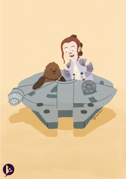 Ilustración de una pequeña Rey (protagonista de la última trilogía de Star Wars) manejando un Halcón Milenario en miniatura por el desierto de Jakku con un peluche de Chewbacca a su izquierda.
Sale mi firma (@beatrozk) y mi logo personal.