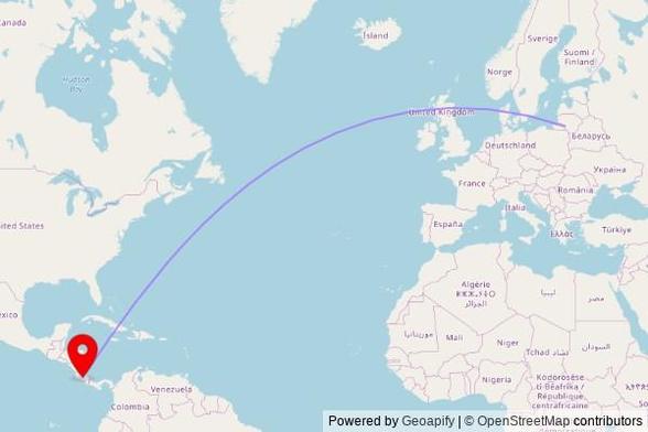 A map showing the great circle route from Kudirkos Naumiestis in Lithuania to a map pin at Capilla San José, Calle Rodeo, Colón, Llano León, 10701 Costa Rica