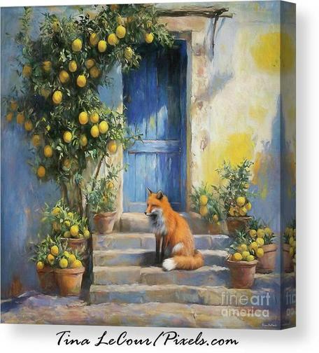 This is a canvas landscape of a pretty red fox sitting on some front step with a blue door with potted lemon trees on the steps. 