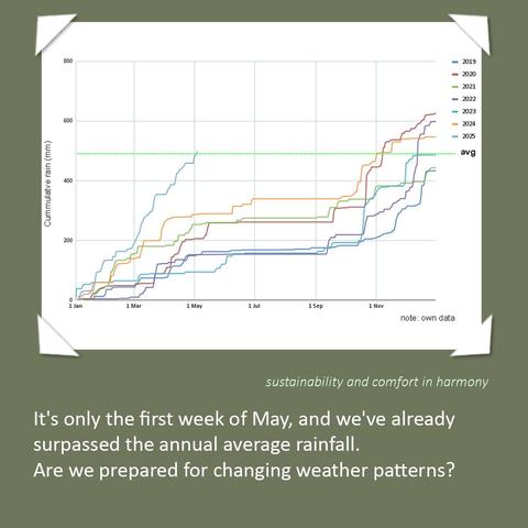 Graph showing Cumulative Rain (mm) data from 2019 to 2025, collected at Bubulcus & Bolotas. The y-axis represents cumulative rainfall in millimeters, and the x-axis spans from January 1st to December 31st. A dashed green horizontal line indicates the average annual rainfall. The line for 2025 shows a sharp increase, surpassing the average in early May. The background is olive green with white paper corners framing the image.