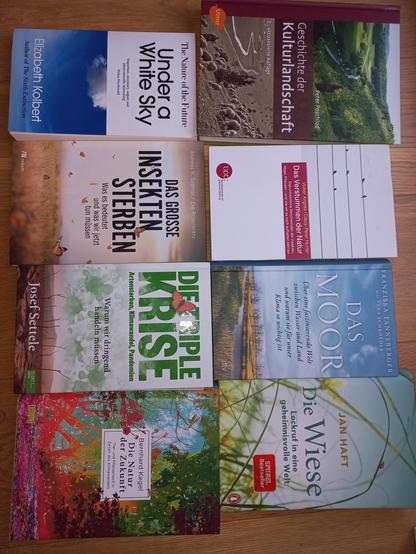 Auf einem Holzfußboden liegen in zwei Reihen angeordnet acht Bücher: Poschlod, Geschichte der Kulturlandschaft; Angres/Hutter, Das Verstummen der Natur; Tanneberger/Schroeder, Das Moor; Haft, Die Wiese; Kolbert, Under a White Sky; Segerer/Rosenkranz, Das große Insektensterben; Settele, Die Triple-Krise; Kegel, Die Zukunft der Natur
