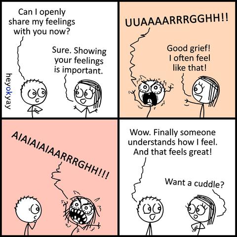 Four-panel comic featuring two stick figure characters, one male and one feemale.

Top left panel:
The man asks, “Can I openly share my feelings with you now?”
The woman responds with a smile, “Sure. Showing your feelings is important.”

Top right panel:
The man screams in agony, “UUAAARRRGGHH!!”
The woman enthusiastically replies, “Good grief! I often feel like that!”

Bottom left panel:
Now it’s the woman screaming even louder, “AIAIAIAIAARRRGHH!!!”
The man watches in surprised silence.

Bottom right panel:
The man says with warmth, “Wow. Finally someone understands how I feel. And that feels great!”
The woman, calm again, asks, “Want a cuddle?”