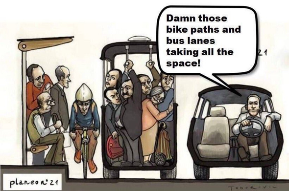 Illustration showing crowded verge of a street with three people in a bus shelter, a cyclist and 6 people crowded on a bus with someone in a car taking up a full third of the frame sitting by themself complaining: "Damn those bike paths and bus lanes taking all the space!"