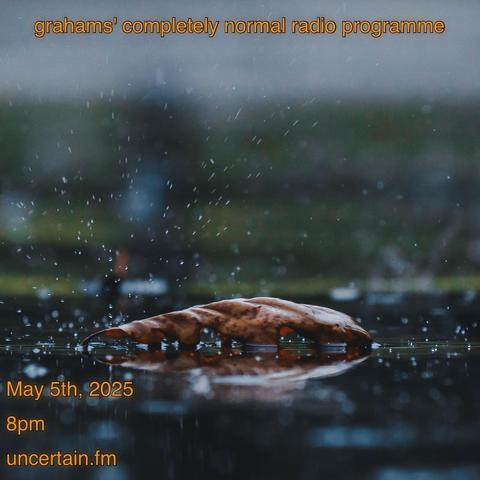 A leaf resting on a puddle.  Orange text overlaid promoting a radio show, details in the main post.