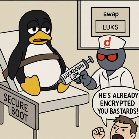 a comic situation where we see the linux penguin mascot attached to a hospital bed where some evil looking nurse shoots it with a huge seringe labelled "Lockdown LSM".  At the bottom corner, we see a young man raising a fist yelling " He's already encrypted you bastards!"
