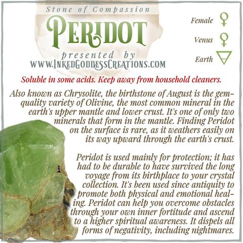 A raw chunk of peridot sits against a white background. It's a bright green with nearly flat faces growing on a darker green and brown matrix. The text explains peridot's metaphysical correspondences, some trivia about it, and ways to use it in your magickal practice. Presented by Inked Goddess Creations.