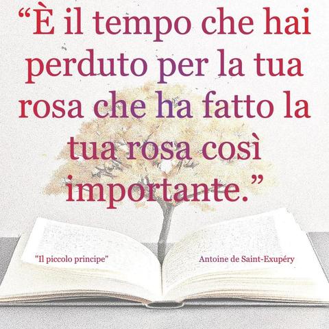 L'immagine digitale riproduce un albero fiorito che sboccia dalle pagine centrali di un libro aperto. In primo piano le scritte: "È il tempo che hai perduto per la tua rosa che ha fatto la tua rosa cosi importante.", "Il piccolo principe Antoine De Saint-Exupéry".