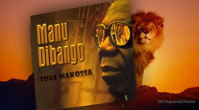 the cover of soul makossa with Manu Dibango's face wearing sunglasses in black and gold in front of a lion at sunset.