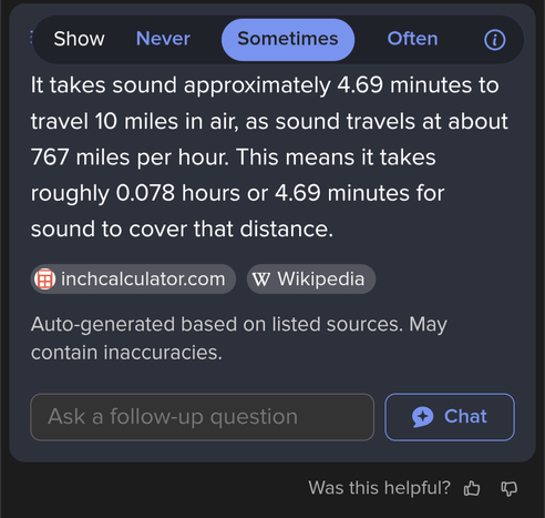 Screenshot of AI-generated answer to the question, "How long does it take sound to travel 10 miles?"

The answer says that sound traveling at 767 miles per hour will take .078 hours, or 4.69 minutes to travel 10 miles.