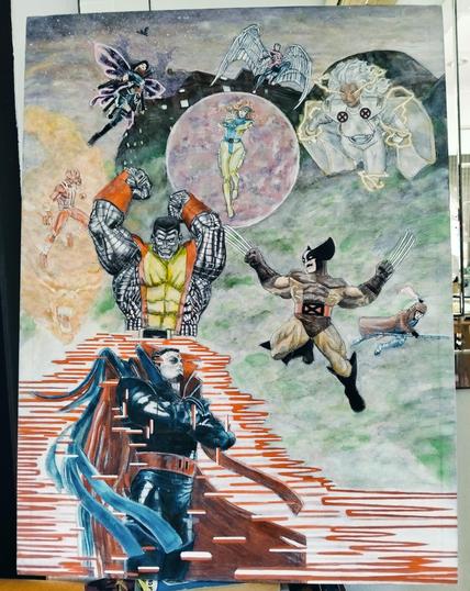 a  painting of mr.  sinister being attacked by the x-men, from a low perspective, they are coming down from above, his lab on a hilltop above them, green smoke drifting through, mr. sinister has his arms folded and is putting up a shield or teleporting 