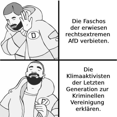 Drake-Meme 

No - Die Faschos der erwiesen rechtsextremen AfD verbieten.
Yes - Die Klimaaktivisten der Letzten Generation zur Kriminellen Vereinigung erklären.