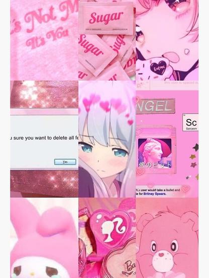 a  collage, it is nine boxes, each with a different image in them, some cropped tightly, images of sugar packets, anime girls faces, care bears, stuffed animals, hearts, images from computer screens 