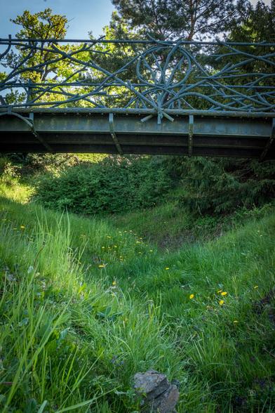 An ornate romantic footbridge over a tiny creek hidden in the folds of a grassy hill dotted with dandelions. Park Babelsberg, Potsdam, 1 May 2025. Nikon D5600, Nikkor DX 35 mm ƒ1.8G, ISO 800, -0.7 ev, ƒ18, 1/100s