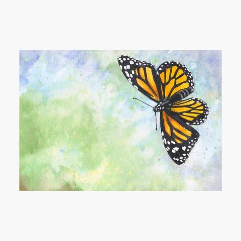 Impression sur papier photographique d'une aquarelle représentant un papillon monarque sur un fond vert et bleu pastel