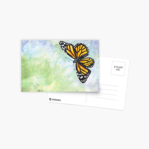 Impression sur carte postale d'une aquarelle représentant un papillon monarque sur un fond vert et bleu pastel