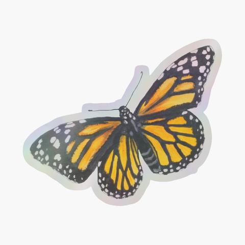 Sticker holographique d'un papillon monarque réalisé à l'aquarelle