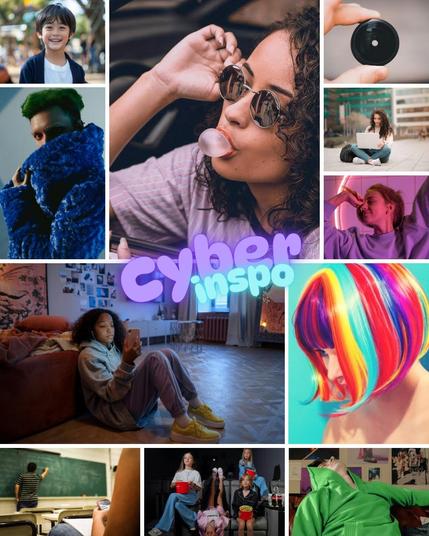 Mood board for Cyber, featuring purple sweaters, bubblegum, rainbow hair, circle device, phones, and friends