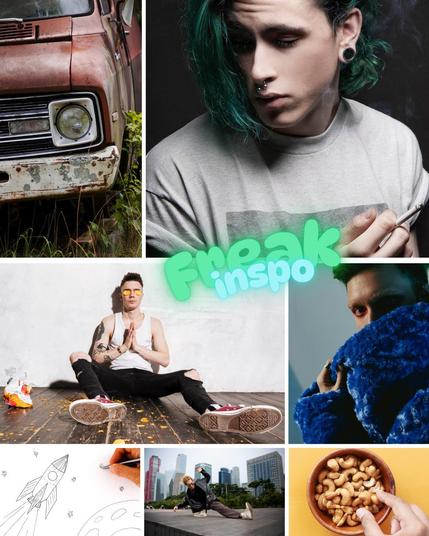 Mood board for Freak, featuring green hair, nuts and food, spaceship doodles, and a brown van