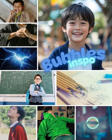 Mood board for Bubbles, featuring a happy kid, sketchbook, blue lightning, bubbles, and friends