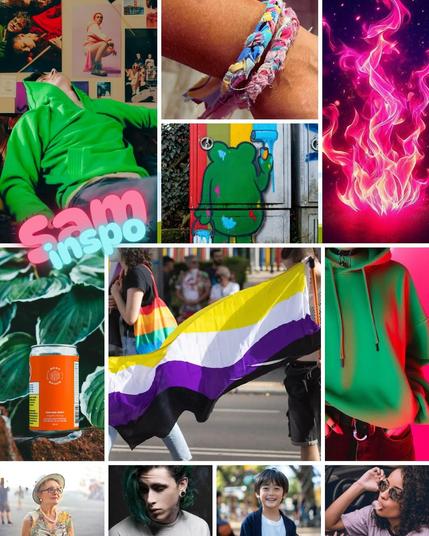 Chaotic mood board of Sam, featuring non-binary flag, neon green hoodie, pink flames, orange energy drink, graffiti frog, braided cloth bracelet, and friends