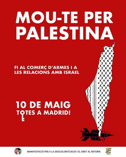 Cartell de la manifestación del 10M a Madrid. Kufiya amb la forma del mapa de Palestina trencant un míssil sobre fons roig.