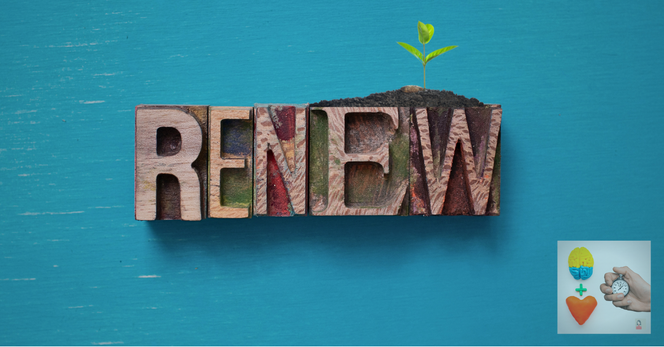Teal background. Centered is the word “RENEW” made from carved out woodblock capital letters. Sitting on the top of the words is a small pile of soil and a single green sprout.