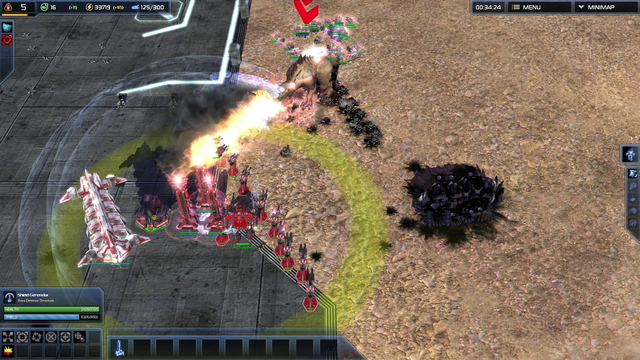 Screenshot from the game Supreme Commander 2

The cybran player (in red) is shown fighting a fire breating dinosaur
