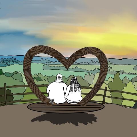 Procreate artwork of 2 people sitting on a bench which has a willow heart framing it. They are facing away from us, watching the sunset