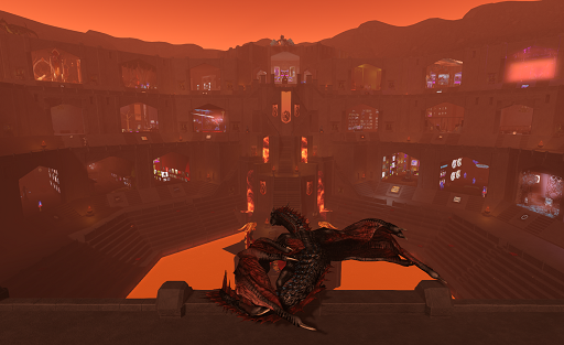 Under a deep orange sky, a large, scaly dragon watches over a vast amphitheater. Lava falls cascade down a tall pinnacle of dressed stone at the far side. They feed into a large pool of molten rock that fills the bottom. The distant walls of the structure are filled with three levels of shops with wide openings on walkways that traverse the sides at several levels.