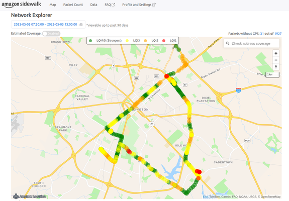 An Amazon Sidewalk Test Kit checkin map of my recent travels in Lexington, KY, USA.